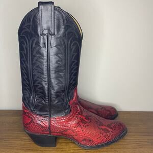Vintage Justin Red Black Python Snake Leather Western Cowboy Boots Size 7.5 B
